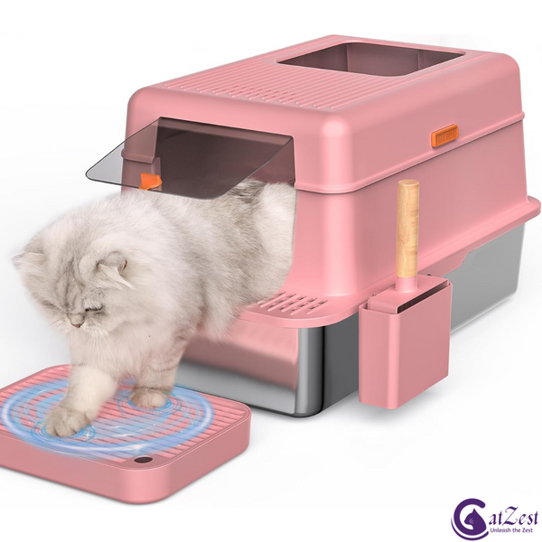 CatZest Cat Litter Box with Lid, Extra Large Stainless Steel Top Entry, Double Filter Pedal & Scoop – Non-Stick, Leakproof, High Sided