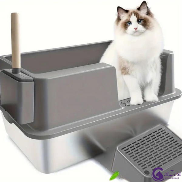 CatZest Extra Large Non-Stick Stainless Steel Cat Litter Box with High Walls, Lid, Ramp, Scoop & Holder for Big & Multiple Cats