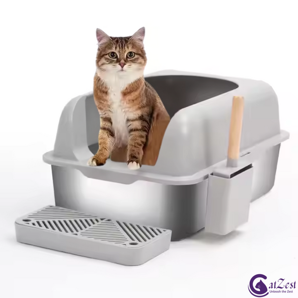 CatZest Extra Large Stainless Steel Cat Litter Box with Lid, Ramp, Scoop & Holder – Leakproof, Odor Resistant, Easy to Clean