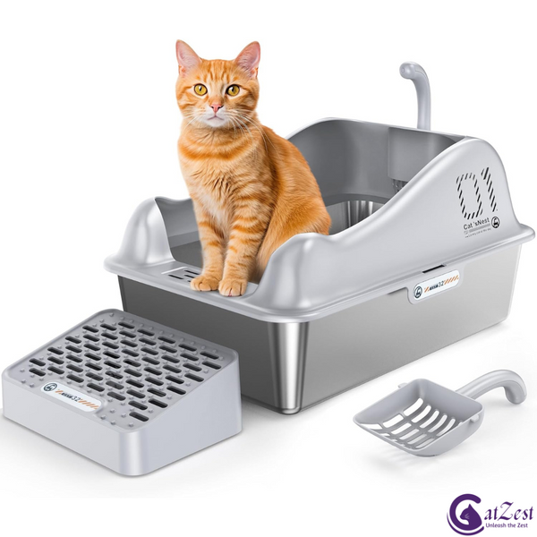 CatZest Fashion Cute Stainless Steel Cat Kitty Litter Box with Lid, High Walls Enclosed, Non-Stick, Leak-Proof & Effortless Cleaning