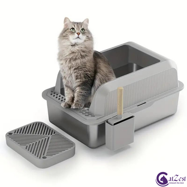 CatZest Stainless Steel Extra Large Cat Litter Box with High Sides – Leakproof, Easy Clean, Includes Scoop Footboard & Detachable Base