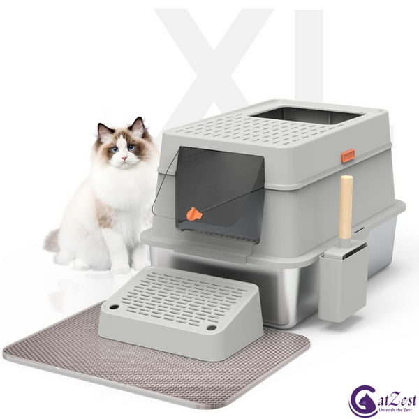 CatZest Stainless Steel Litter Box with Lid, Front Entry Top Exit Kitty, Extra Large Enclosed Metal Litter Box with Litter Scoop & Ramp