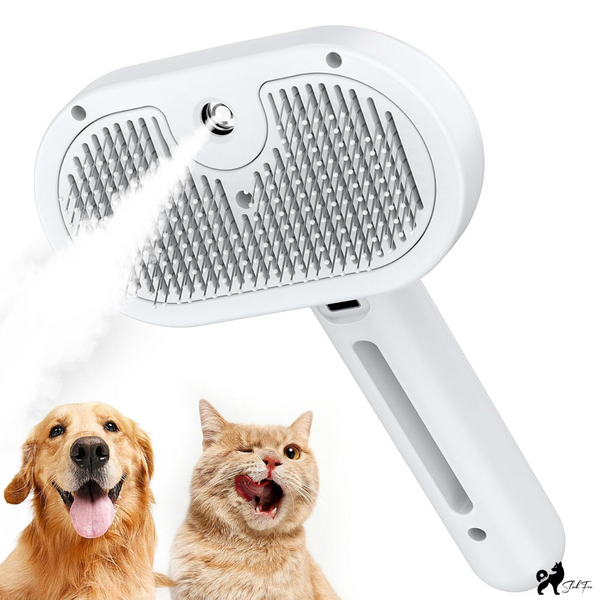 SleekFur Pet Steam Brush with Release Button Self Clean and Spray Mist for Cats Dogs Bunnies Hair Removal